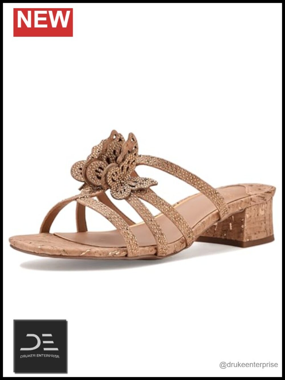 Strappy Slide Block Heel Sandals Cork Rhinestone Dressy Party Shoes